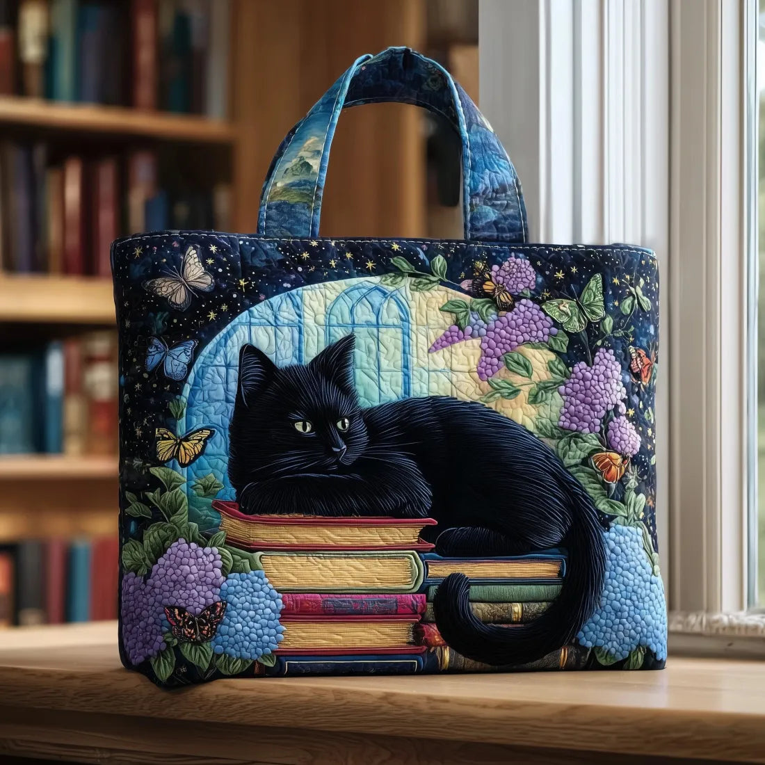 HANDMADE BAG - THE BLACK CAT AND THE BOOKS