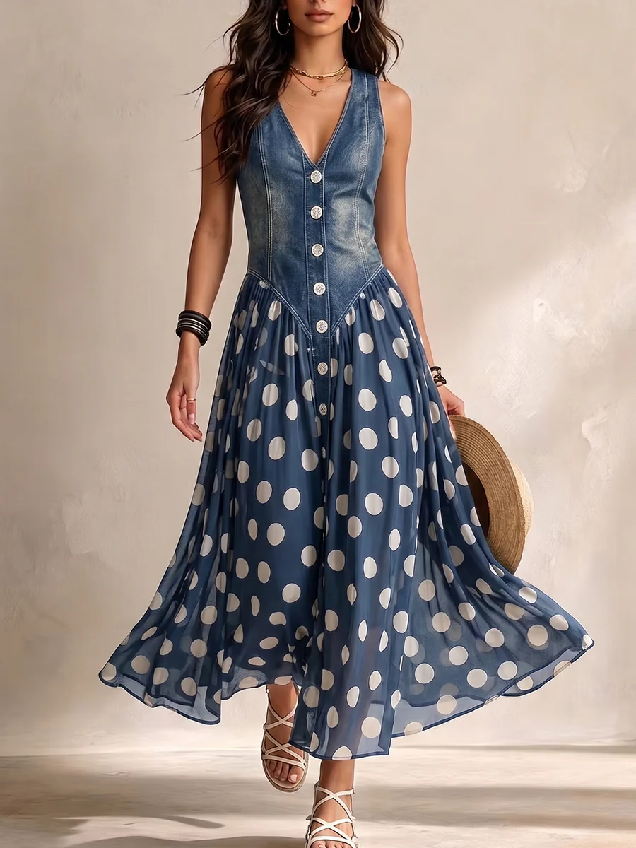 Jasmin - Denim Dress With Polka Dot Chiffon Skirt